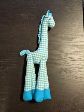 Vintage Handmade Blue Gingham Plush Giraffe Toy, Moveable Legs